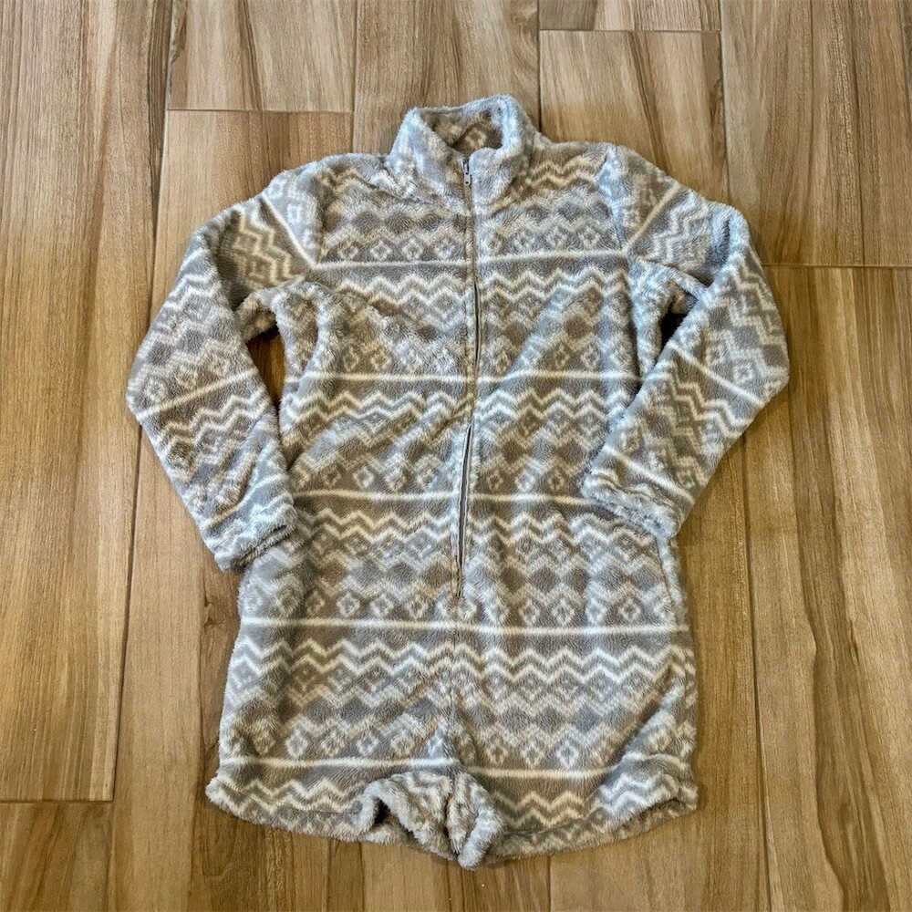 Aerie Romper Pajamas Womens Size M Gray White Fair Isle Plush Fleece Zip